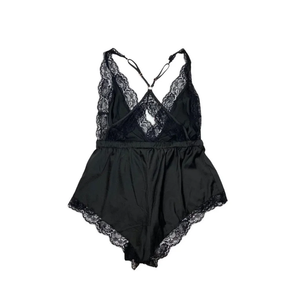 *New Fox Royal Slinky Romper Black Women Size XXS (12) Sexy Lace Strap Sleepwear